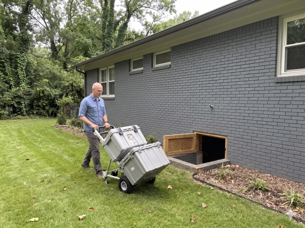 Assessor bringing field kit to a crawlspace access point